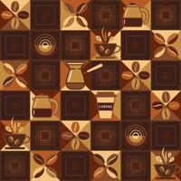 Checkered coffee seamless pattern with icons, geometric shapes. Classic square grid. Retro simple style. For branding, decoration of food package, kitchen textile vector