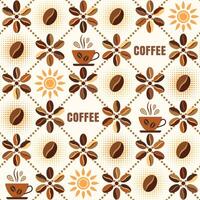 Seamless geometric pattern with icons of coffee beans, coffee cups, sun, text in dotted diagonal square grid. Retro simple style. For branding, decoration of food package, kitchen textile vector