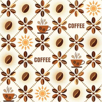 Seamless geometric pattern with icons of coffee beans, coffee cups, sun, text in dotted diagonal square grid. Retro simple style. For branding, decoration of food package, kitchen textile