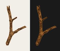 Dry thick wooden stick on a white, dark background. Tree branch without leaves. Image tracing, cleaned and simplified illustration. Realistic style. Not AI. vector