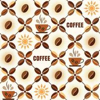 Seamless geometric pattern with icons of coffee beans, coffee cups, sun, text in diagonal square grid. Retro simple style. For branding, decoration of food package, kitchen textile vector