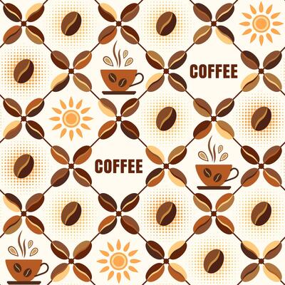 Seamless geometric pattern with icons of coffee beans, coffee cups, sun, text in diagonal square grid. Retro simple style. For branding, decoration of food package, kitchen textile