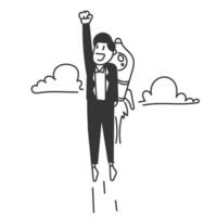 hand drawn doodle a business person flies into the sky with a rocket on the back vector