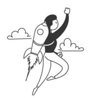 hand drawn doodle a business person flies into the sky with a rocket on the back vector