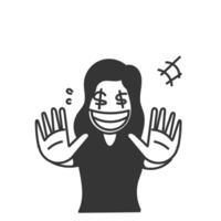 hand drawn doodle person character with dollar eyes vector