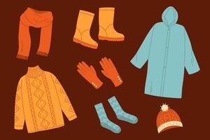 Set of autumn clothes. Raincoat with rubber boots and sweater. Flat isolated illustration vector