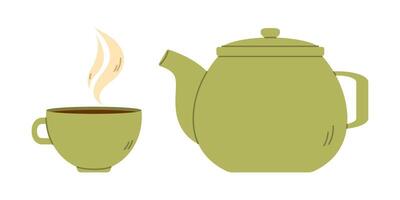 Green teapot and cup of tea. Flat illustration isolated on white background vector