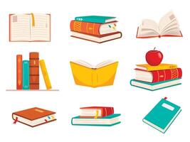 set of stacks of books to read literature, dictionaries, planners with bookmarks. Color illustration isolated on a white background vector