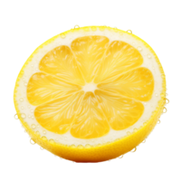 Close-up of a fresh lemon slice isolated on a transparent background. Concept of citrus fruit and healthy eating. png
