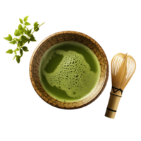 Matcha Green Tea in Traditional Bowl with Bamboo Whisk Isolated on Transparent Background. Concept of Japanese Tea Ceremony and Healthy Beverage. png