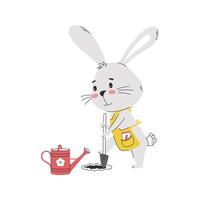 A cute rabbit in a apron digging with a shovel, planting a carrot. vector