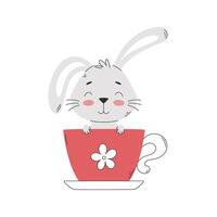 A cartoon funny rabbit sitting in a teacup vector