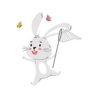 A cute funny rabbit catching butterflies with a net vector
