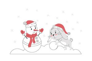 Rabbit rolls a snowball, makes a snowman. vector