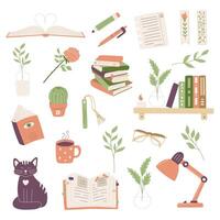 Set of books and decorative elements, symbolizing reading, learning. Stack of books, bookmark, bookshelf, table lamp. Minimal flat cartoon illustration isolated on a white background. vector