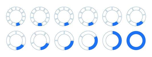 Circles divided diagram 1, 2, 3, 10, 7, 8, 9, 10, 11, 12 equal parts. Graph icon pie, pizza shape section charts. Coaching blank template. Segments wheel round divide infographic set. vector