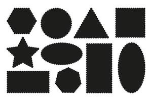 Set of shapes with squiggly borders. Rectangular, polygon, round, star, triangle, oval, square scalloped frames. Tags, labels, stamps, crackers, coupons, stickers with curvy, wiggly, wavy edges. Eps. vector