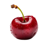 Single fresh cherry with water droplets isolated on a transparent background. Concept of summer fruit and hydration. png