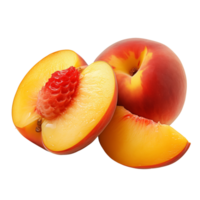 Fresh peach with one half and pit isolated on a transparent background. Concept of summer fruit and healthy eating. png