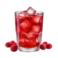 Glass of raspberry juice with ice cubes and fresh raspberries isolated on a transparent background. Concept of refreshing fruit beverage. png