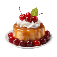 Caramel Flan with Whipped Cream and Cherries on Isolated Transparent Background png