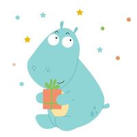 Funny hippo with a gift on a white background vector