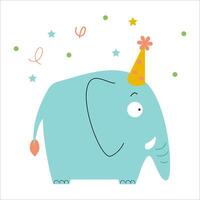 a card with a cute elephant in a festive hat and bright confetti vector