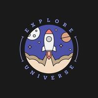 spaceship rocket illustration badge line art style vector