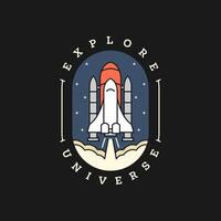 spaceship illustration badge on black background vector