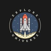 spaceship illustration badge on black background vector