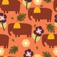 seamless pattern cartoon elephant with plant and flower. cute wallpaper for textile, gift wrap paper vector