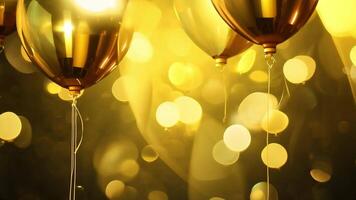 Golden balloons floating in the air with beautiful golden bokeh scene, celebration and congratulations concept. video