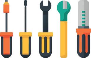 Collection of colorful hand tools including screwdrivers, wrenches and box cutter on white background vector