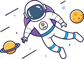 Cute cartoon astronaut floating in space with planets and stars, whimsical outer space illustration vector