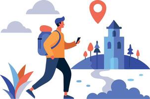Illustration of a traveler with a backpack hiking towards a castle with a location pin vector
