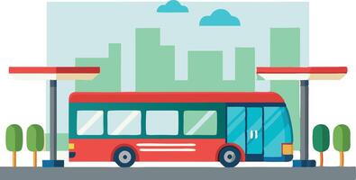 Illustration of red bus at a city bus stop with modern buildings in the background vector