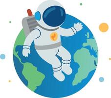 Cartoon astronaut floating in space over Earth with stars in the background vector