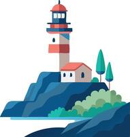 Scenic lighthouse on a rocky cliff surrounded by trees and ocean vector