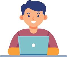 Smiling boy using a laptop for online learning vector