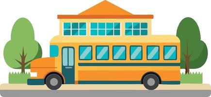 Illustration of a school bus parked outside a school building with trees vector