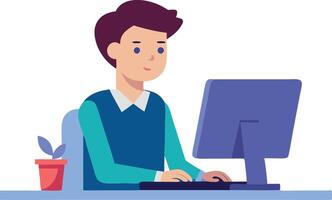 Illustration of a man working at a computer desk with a plant vector