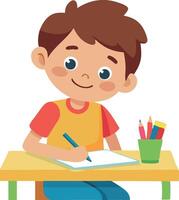 Boy drawing and coloring at a desk vector