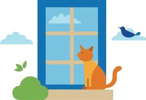 Illustration of a cat sitting by the window with a bird and clouds in the background vector