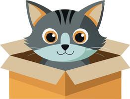 Cute cartoon cat peeking out of a cardboard box with big eyes and a playful expression vector