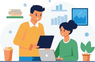 Man and woman collaborating on a project using a laptop vector
