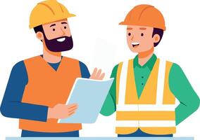 Construction workers discussing blueprints at a building site vector