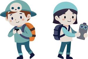 Kids dressed as explorers with binoculars vector