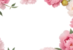 Floral frame with pink peonies and green leaves. Isolated on transparent background. Romantic and elegant border for design projects. png