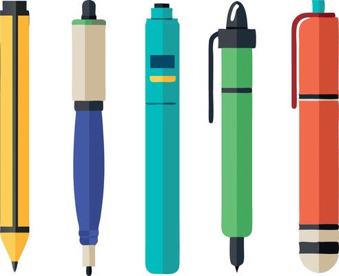 Colorful illustration of various writing tools including pens, pencils, and markers