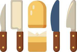 Set of cheese knives and cheese block flat illustration on white background vector